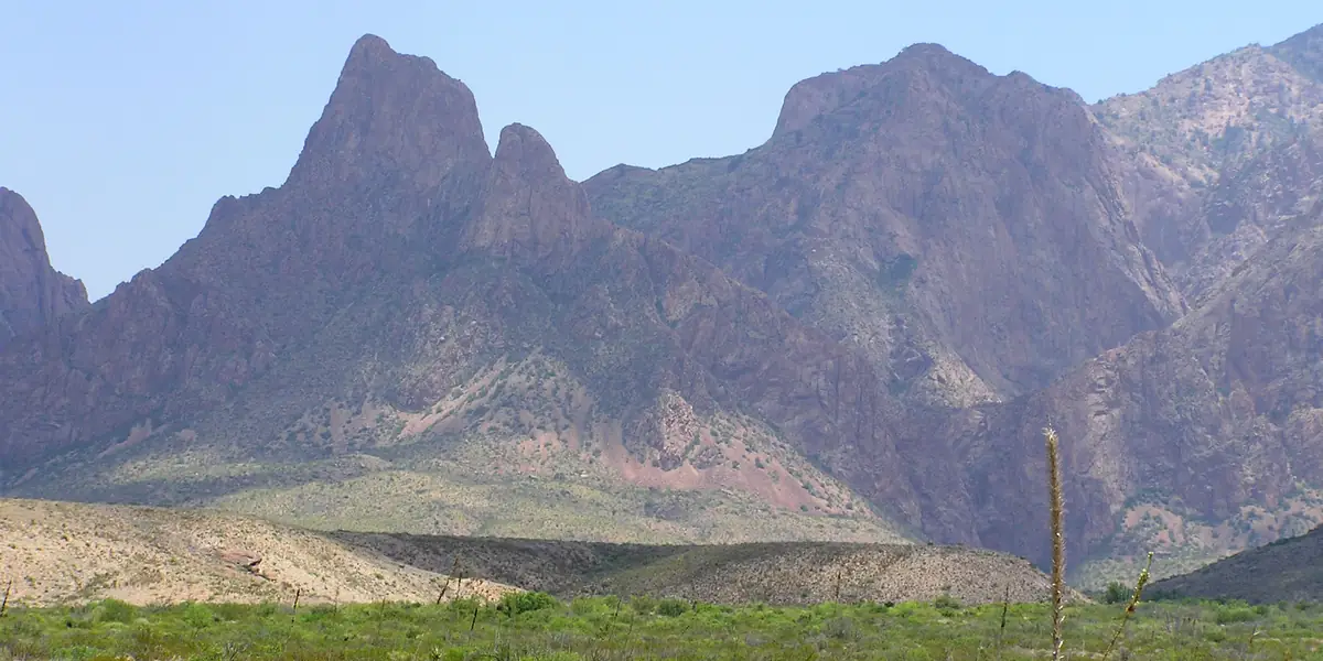 Rugged peaks of the Chisos Mountains rising above desert grassland in Big Bend National Park, Texas